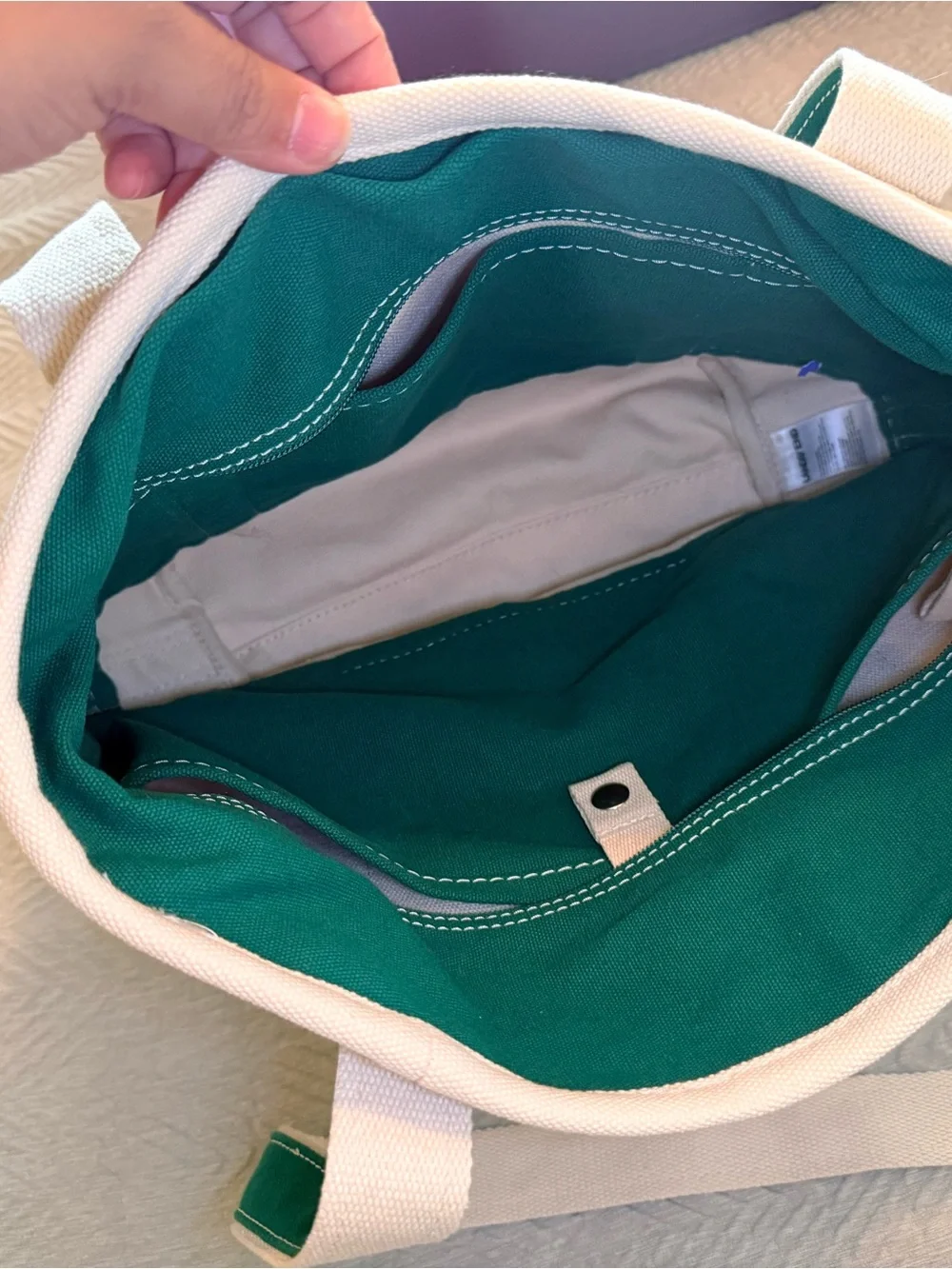 Lands' End Cream Canvas Tote with Green Trim and Base